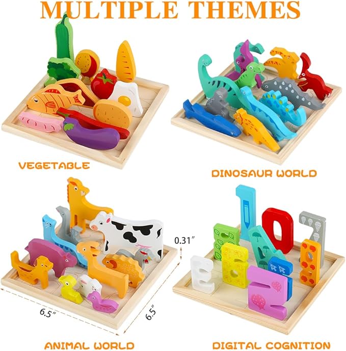 Wooden Puzzles for Kids, 4 Packs Montessori Learning Toy Gifts for Preschoolers Age 3+, 3D Multi-Theme Jigsaw Puzzles for Boys & Girls (Dinosaurs, Livestock, Food, Digital Puzzle Set)
