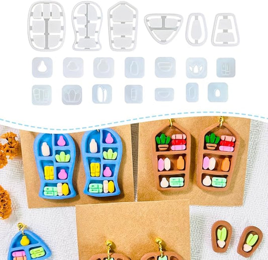 20pcs Polymer Clay Cutters Display Shelf Set – Miniature Clay Cutters for Polymer Clay Jewelry, Bookshelf Earring Molds with Bottles, Pots and Bowls, Clay Tools for DIY Accessories
