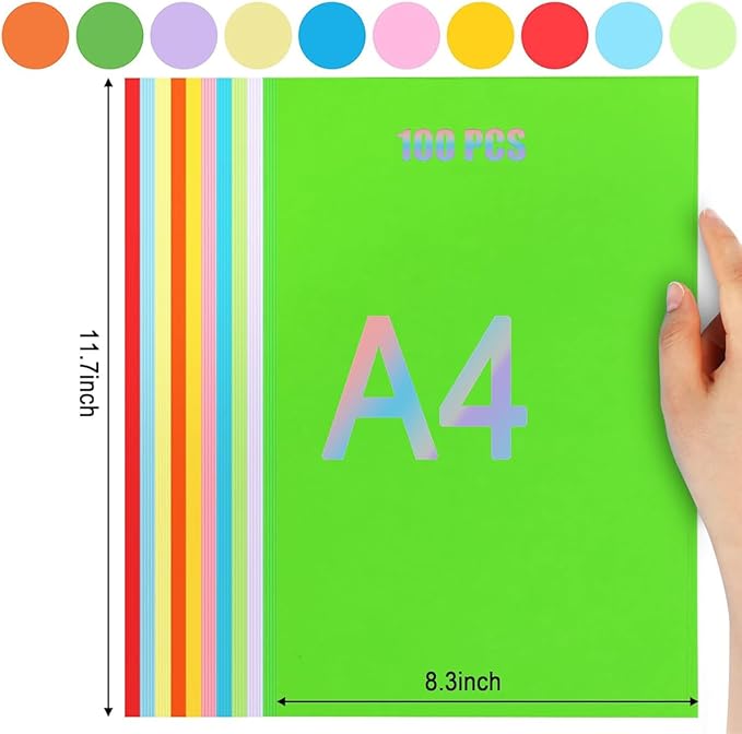 Vibrant Color A4 Origami Paper - 100 Sheets, 10 Assorted Colors - Acid-Free, Printer-Friendly Craft Paper for Kids Art, DIY Projects & Scrapbooking