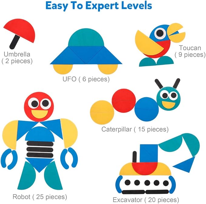 Coogam Wooden Pattern Blocks - Tangram Shape Puzzle Set Color Sorting Stacking Game Wood Animal Jigsaw Preschool Montessori Brain Teaser STEM Gift for 3 4 5 Years Old Toddler Kids (60 Pattern Cards)