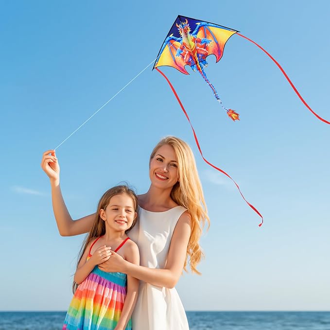HONBO Large Delta Kite for Kids & Adults,Extremely Easy to Fly Kite for Beach Trip,String Line Included,with Colorful Tail,Perfect for Beginners