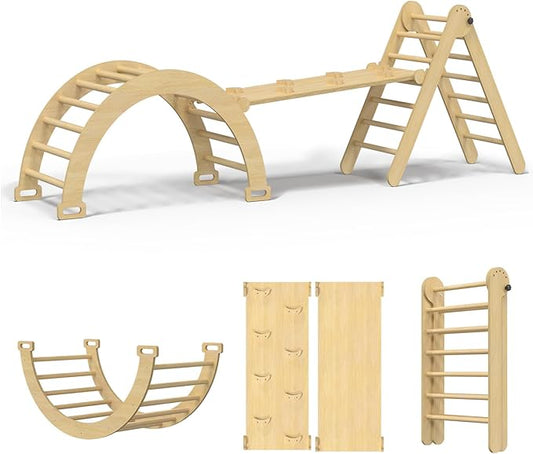 Large Pikler Triangle Set, 5 in 1 Foldable Baby Climbing Gym Indoor Montessori Climbing Set Wooden Toddler Climbing Toys with Arch, Ramp, Ladder