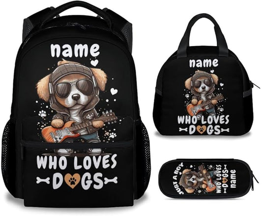 Custom Dog Backpack with Lunch Box, Set of 3 School Backpacks Matching Combo, Cute Black Bookbag and Pencil Case Bundle
