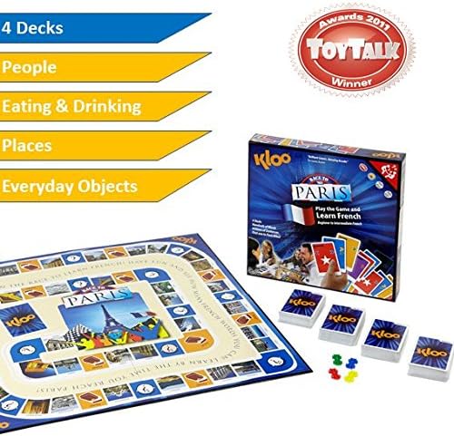KLOO Learn French Board & Card Game Race to Paris | Fun for Family Kids Adults School | Play & Talk French Language | 4 Decks, Speak 100's of Words & Vocabulary in a Flash | Boardgame, 1–4 Players