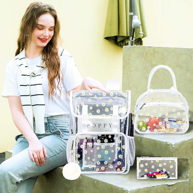 17" Daisy Clear Backpack for Girls - Flip Design Stadium Approved 3Pcs Set, Heavy Duty PVC Bookbag for Concert/School (White)