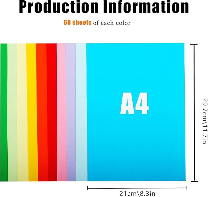 600 Sheets Colored Paper A4 Origami Printer Copy Multipurpose Printing Paper for DIY Craft Scrapbook Office 8.3" X 11.7", 10 Assorted Colors(70 gsm)