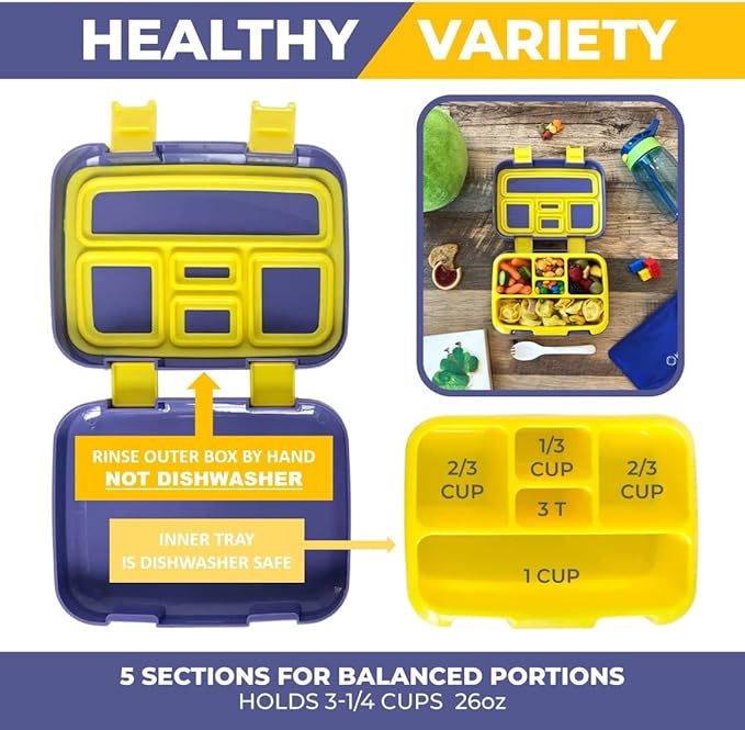 Bento Box with Thermo, Insulated Lunch Bag, & Ice Pack Set for Kids or Toddlers. Stainless Steel Food Jar, 5 Compartment Lunch-Box for Pre-School or Daycare, Blue Yellow Trucks