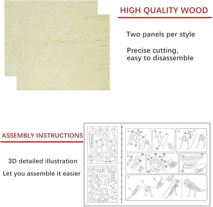 3D Wooden Crafts Puzzle - 3 Piece Set Wood Dinosaur Skeleton Model Puzzle - DIY Wooden Assembly 3D Puzzle Toys Gifts for Kids Boys Teen Adults