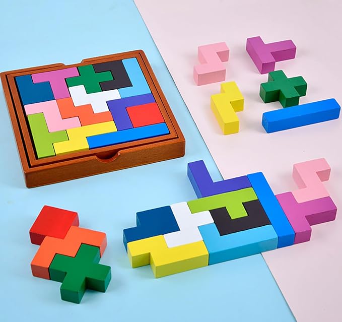 Wooden Puzzle Pattern Blocks Brain Teasers Game 3D Russian Building Toy Geometric Wood Tangram Shape Jigsaw Puzzles Montessori STEM Educational Toys Gift for Kids Adults (Multicolor)