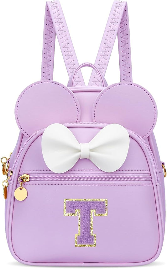KKXIU Girls Initial Bowknot Cute Mini Backpack for Toddler, Travel Small Girl Backpacks, Personalized Trendy Stuff Gift for Little Girls and Kids(T, Purple)