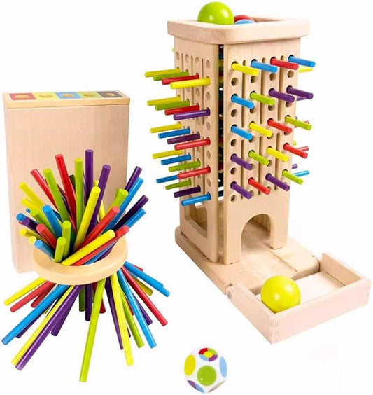 4-in-1 Board Game for Kids, Wooden Sorting & Stacking|Pick-up Sticks|Counting|Ball Drop Tower, Family Games for Kid and Adult, Montessori STEM Learning Toy for 3 4 5 6 7 8 Year Old Boy Girl