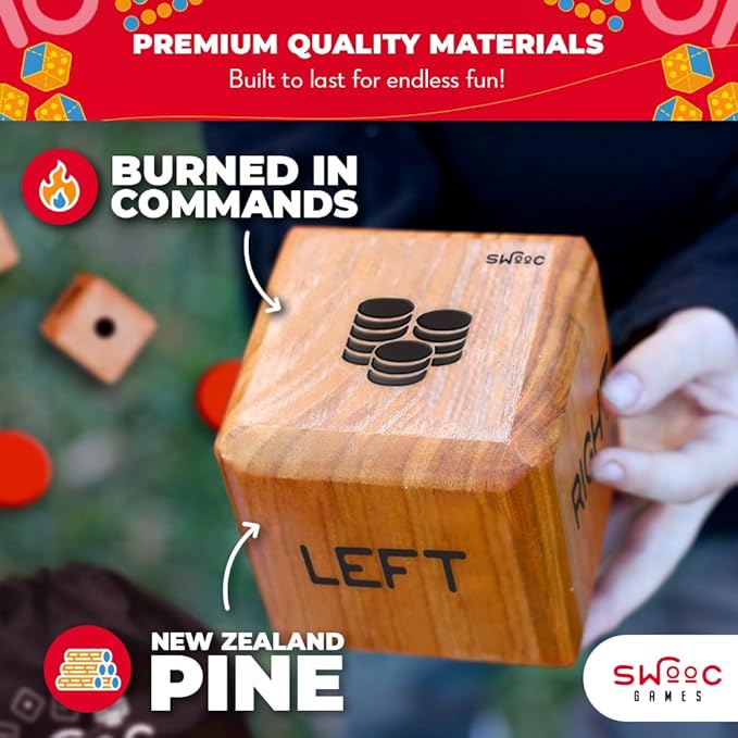 SWOOC Gamesยฎ - Giant Right Center Left Dice Game (All Weather) with 24 Large Chips & Carry Bag - Jumbo Wooden Lawn Game - Big Backyard Games for Family - Indoor/Outdoor - Left Right Center Dice Set