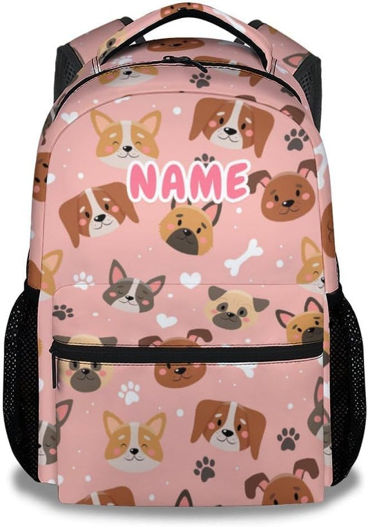 Custom Dog Backpacks for Kids, Large Capacity Backpack for School, Cute Pink Doggy Print Lightweight Bookbag for Boys & Girls