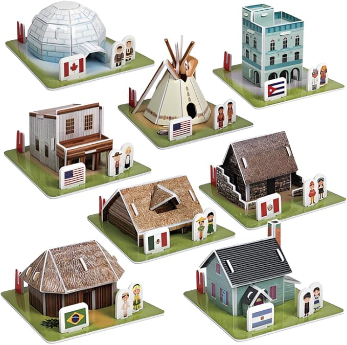 3D Puzzle Set - Traditional Houses Collection: Build 8 Country Models with Authentic Costumes, DIY Kit for Hobbyists, Creative Toy and Home Decor (America)