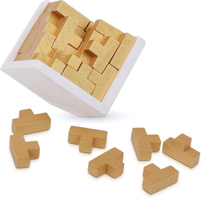 Original 3D Wooden Brain Teaser Puzzle: Engaging 3D Puzzle Box for Kids 8-12 & Adults, Desk Toys Delight, Challenging Games & Wooden Puzzles for Adult Brain Boost (Golden Edition)