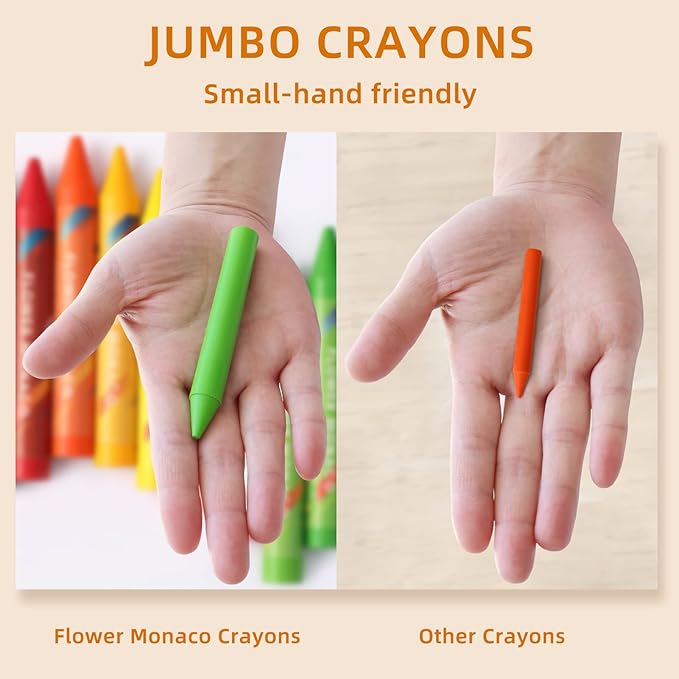 Lebze Jumbo Crayons for Toddlers, 16 Colors Non Toxic Crayons, Easy to Hold Large Crayon for Kids, Safe for Babies and Children Flower Monaco
