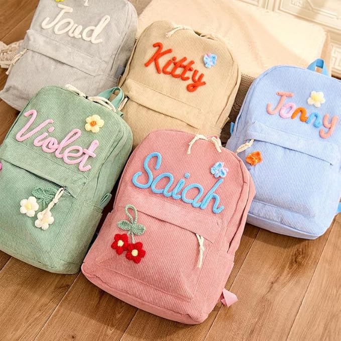 Personalized Corduroy Backpack for School Girls & Boys, Custom Name School Bag with Cotton Rope Woven, Customize Monogram Book Bag for Toddlers and Kids, Back to School Gifts