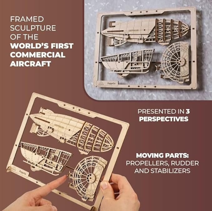 UGEARS 2.5D Framed Zeppelin - Classic Aircraft Wood Model Kit with Movable Propellers & Stabilizers - Airship Wooden Puzzle Model Kits for Adults - Home and Office Decor