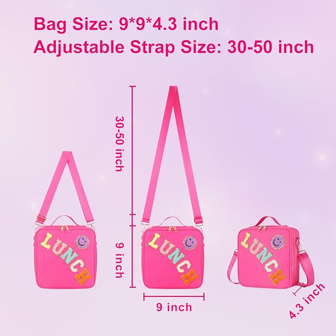 Insulated Girl Lunch Bag for Girls With Adjustable Strap, Nylon Preppy Lunch Box For Teens Kids Toddler Reusable Bag Back To School Picnic Gifts, RoseRed