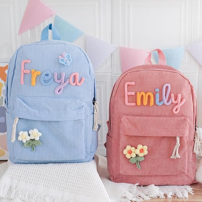 Personalized Backpack for Girls/Boys, Custom Corduroy School Bag with Cotton Rope Embroidery Name, Back to School Bag Gifts for Kids, Children Birthday/Christmas Gift