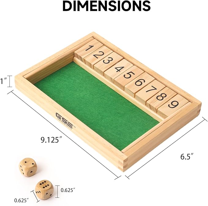 GSE Games & Sports Expert Wooden Shut The Box 9 Numbers Dice Game Board with 2 Wooden Dice, Classic Tabletop Version of The Popular English Pub Game
