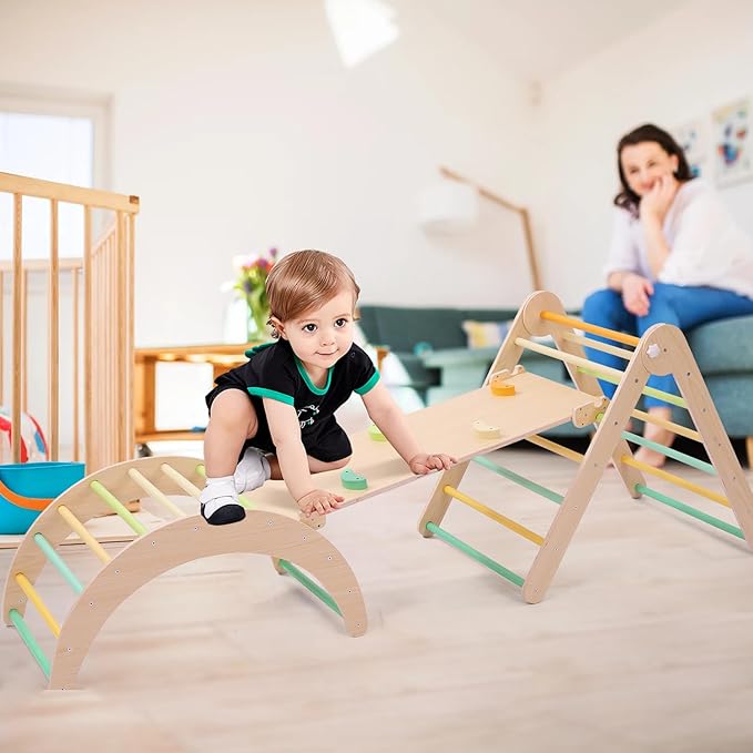 Pikler Traingle Set 7-in-1 Wooden Climbing Kits Toy Foldable Montessori Toy Jungle Gym Playing Sets with Arch-Ramp-Ladder Indoor Climber(Climbing Sets)