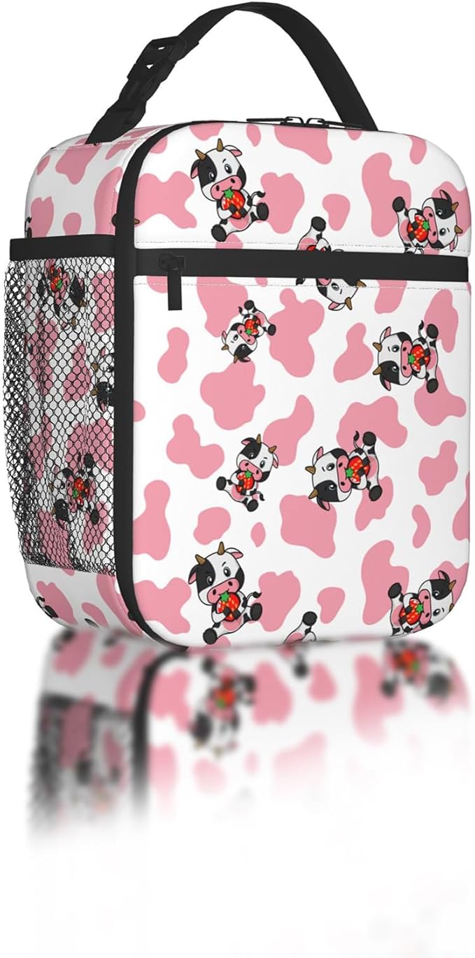 Strawberry Pink Cows Print Reusable Lunch Box Food Bag Insulated Lunch Bag for Teenage Boys Girls School Beach