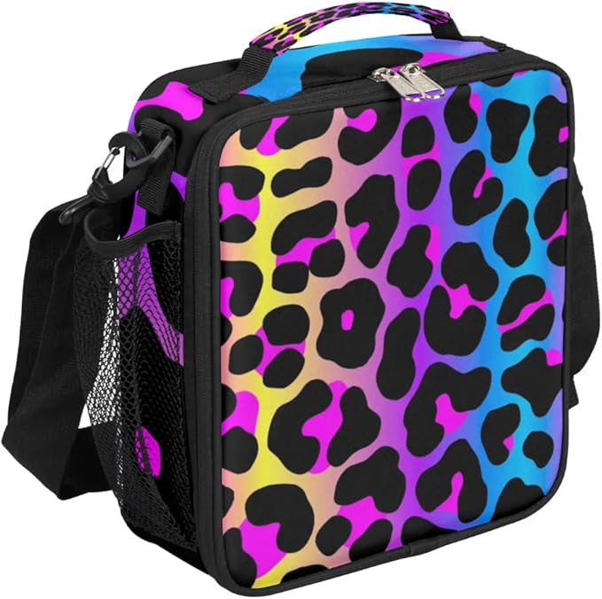 Rainbow Leopard Lunch Bags with Shoulder Strap Cheetah Print Insulated Lunch Boxes for Kid Girls Women Waterproof Thermal Cooler Tote Bag Portable Picnic Bag for School Work Outdoor Gifts