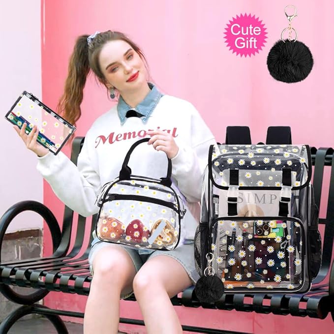 17" Daisy Clear Backpack for Girls - 3Pcs Flip Design Stadium Approved Set, Waterproof Campus/School Transparent Bookbag (Black)