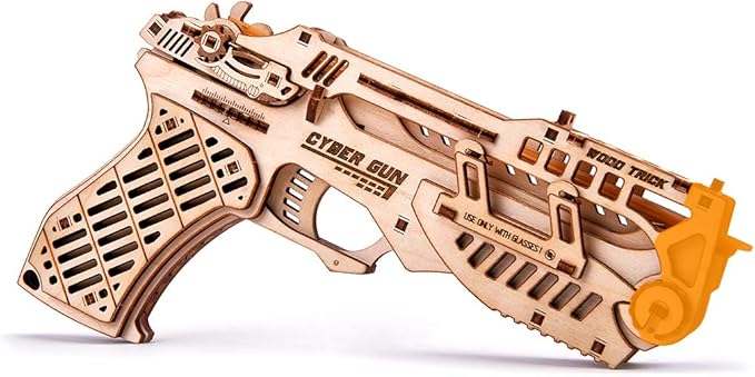 Wood Trick Cyber Gun 3D Wooden Puzzle - Rubber Band Gun Pistol - Shoots up to 20 feet - Wood Model Kit for Adults and Kids to Build - 14+