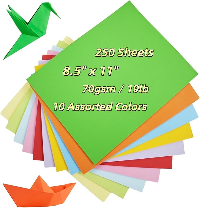 KYMY Colored Origami Printer Papers 8.5 x 11 inch, 250 Sheets Double-Sided Folding Craft Papers, 10 Assorted Colours Lightweight Origami for Arts & Crafts, Scrapbooking, DIY Projects (19lb/70gsm)