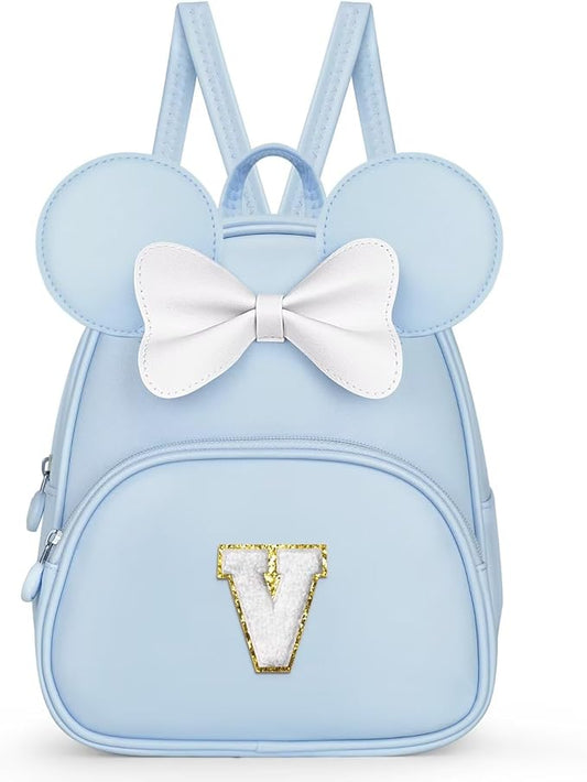 Bookbag for Girls Kids Toddler, Backpack for Teen Girl Kids Birthday Gifts, Kindergarten Backpack for Girls with Cute Bow, Initial Blue V