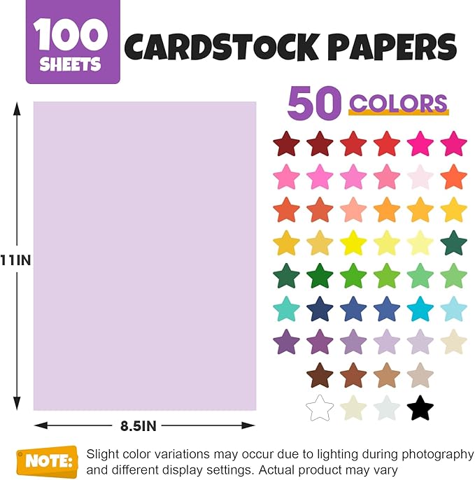 100 Sheets 8.5" X 11" Colored Cardstock, 50 Assorted Colors Construction Paper Card Stock Printer Paper for Printing, Card Making, DIY Crafts, Kids School Supplies,Party Decorations (180 GSM)