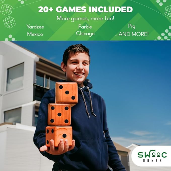 SWOOC Yardzee, Farkle & 20+ Games - Light-Weight Yard Dice Game Set (All Weather) with Collapsible Bucket, 5 Big Laminated Score Cards, and Marker (Choose 2.5in or 3.5in Dice) Yard Games