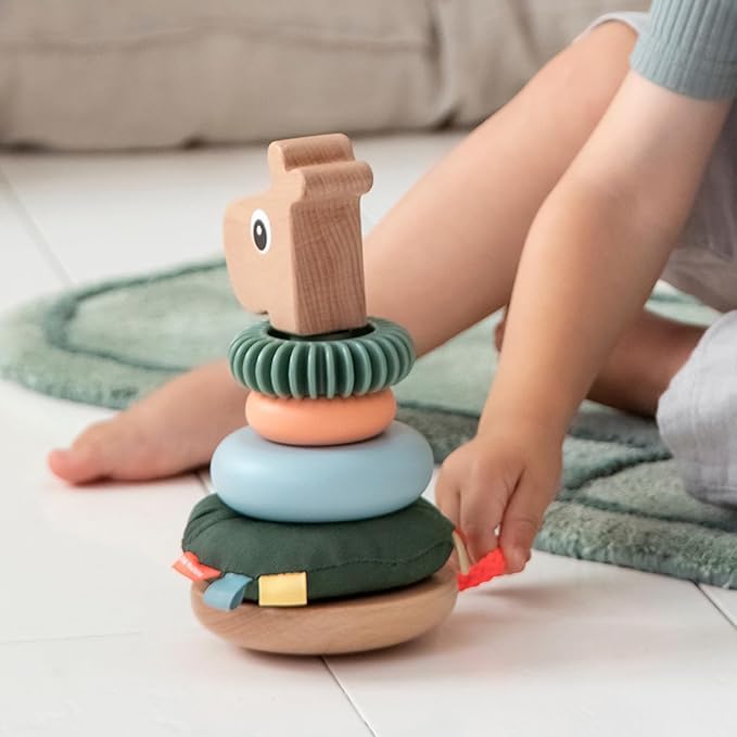 Done by Deer Raffi Stacking Tower - Colorful Wooden Ring Stacker Toy with Different Shapes and Textures for Sensory Stimulation and Motor Skill Development - Tilt Function and Pull Tail for Added Fun
