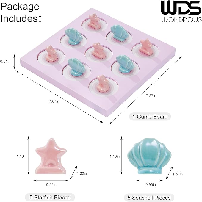 WDS WONDROUS Tic Tac Toe Game, Pink Coffee Table Centerpiece Decoration, Summer Beach Themed Wood Board Game with Ceramic Shell & Starfish, Coastal Girl's Room Decor, Fun&Cute Gifts for All-7.9 Inch