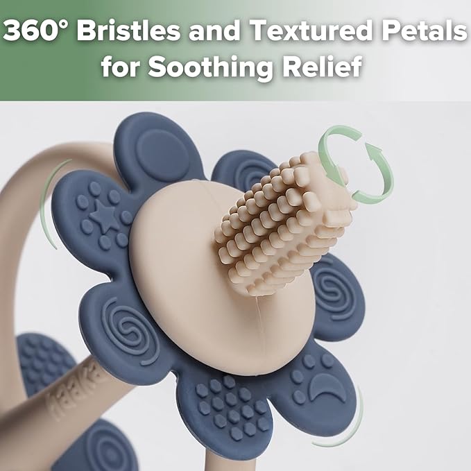 haakaa Silicone Teething Toy,Nipple-Shaped End for Gum Massage,360Β° Baby Toothbrush Head for Self-Brushing Training,Easy to Grip-Steel Blue