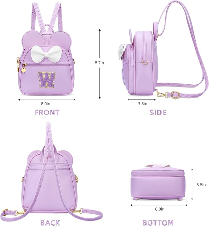 KKXIU Girls Initial Bowknot Cute Mini Backpack for Toddler, Travel Small Girl Backpacks, Personalized Trendy Stuff Gift for Little Girls and Kids(W, Purple)