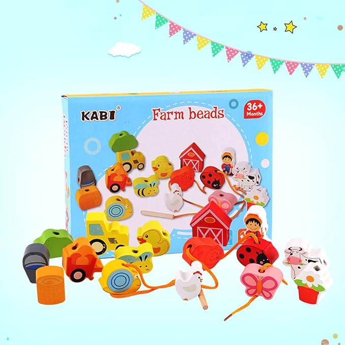 Lacing Farm Toy Wooden Block Set, Early Educational Toys String & Lacing Beads Games for Toddlers Kids Farm Animal Learning Play Set (16 Pieces)