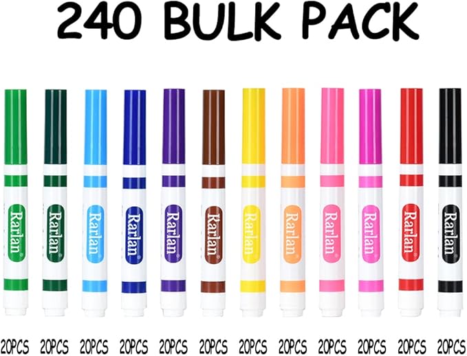 Rarlan Washable Markers Bulk, Markers for Kids, Bulk pack, 12 Colors, 240 Count