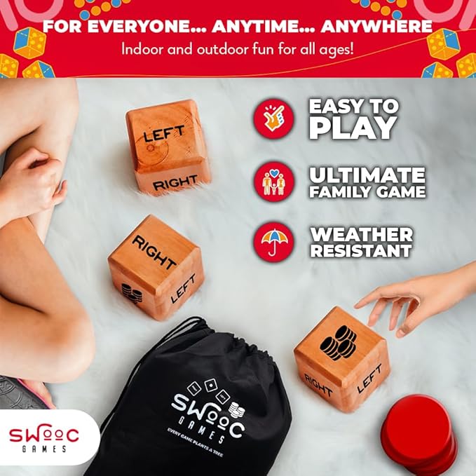 SWOOC Gamesยฎ - Giant Right Center Left Dice Game (All Weather) with 24 Large Chips & Carry Bag - Jumbo Wooden Lawn Game - Big Backyard Games for Family - Indoor/Outdoor - Left Right Center Dice Set