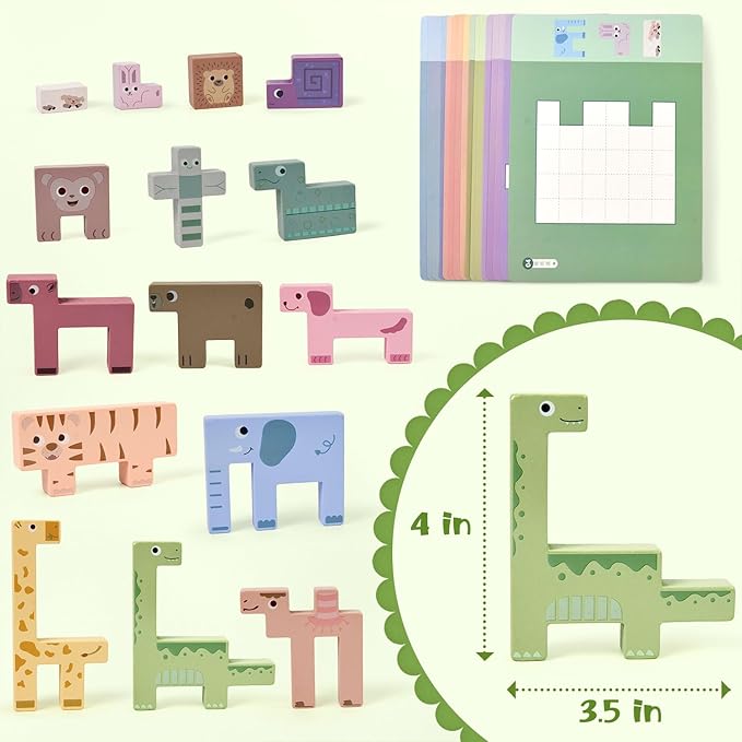 Vileafy Wooden Puzzles for Toddlers 3-5 – Montessori Animal Wooden Stacking Puzzle Toy, Preschool Learning Toy & Shape Matching Blocks for Kids