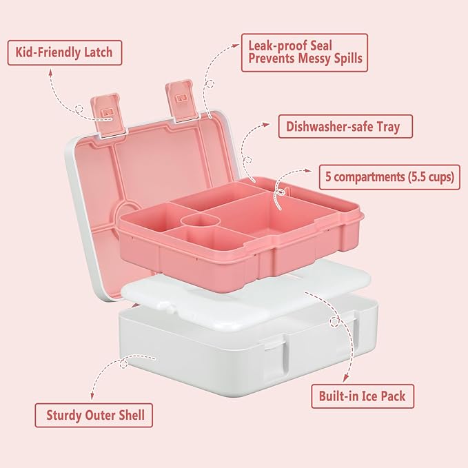 Kids Bento Lunch Box with Ice Pack, 5 Compartments Leak-Proof Bento Box with Utensils, 5.5-Cup Capacity for Adults & Ages 8+, BPA Free, Microwave & Dishwasher Safe, Pink