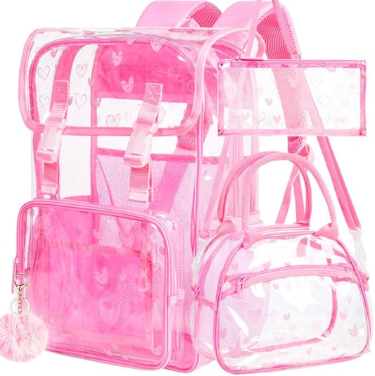 17" Heart Print Clear Backpack for Girls - 3Pcs Flip Design Stadium Approved Set, Campus/Travel Transparent Bookbag (Pink)