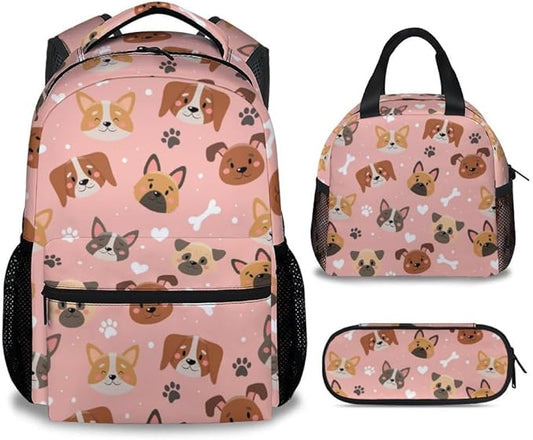 Dog Backpack with Lunch Box, Set of 3 School Backpacks Matching Combo, Cute Pink Bookbag and Pencil Case Bundle