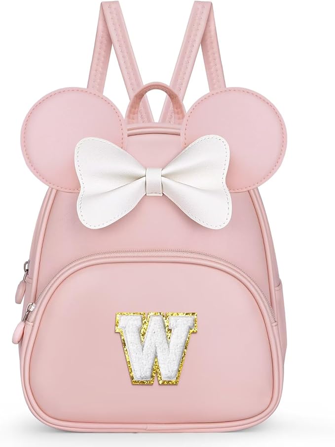 Bookbag for Girls Kids Toddler, Backpack for Teen Girl Kids Birthday Gifts, Kindergarten Backpack for Girls with Cute Bow, Initial Pink W
