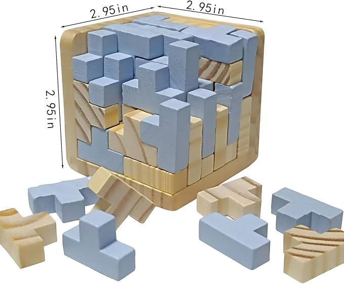 3D Wooden Brain Teaser Puzzle Cube Wooden Puzzles T-Shaped Jigsaw Logic Puzzle Game Puzzles Educational Toy for Kids and Adults (Light Grey)