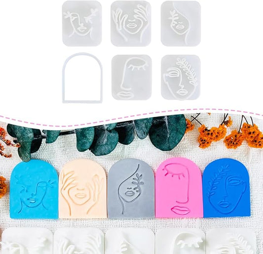 Polymer Clay Cutters Line Face Set – 6PCS Abstract Portrait Clay Cutters for Polymer Clay Jewelry, Clay Earring Cutters with Arch Shape and Face Texture Molds, Clay Tools for Artistic Earrings