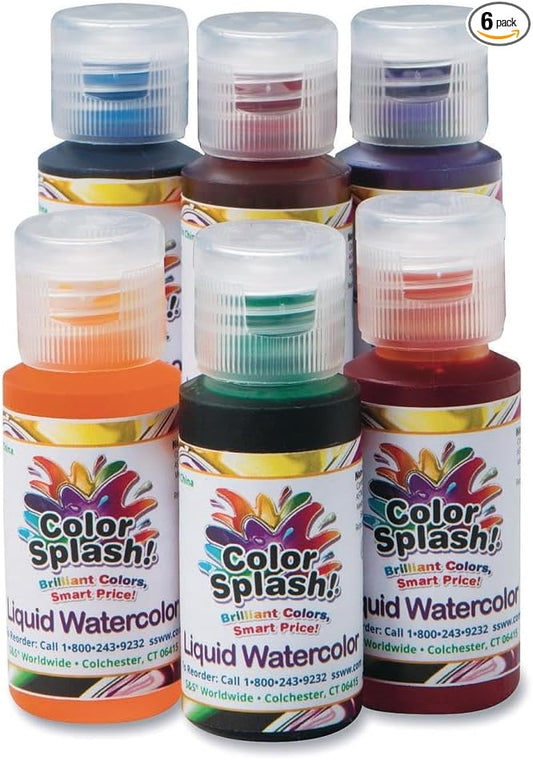 S&S Worldwide Color Splash! Liquid Watercolor Paint, 6 Vivid Colors, 1-oz Drip-Dispense Bottles, For All Watercolor Painting, Use to Tint Slime, Clay, Glue, Shaving Cream, Non-Toxic. Pack of 6.