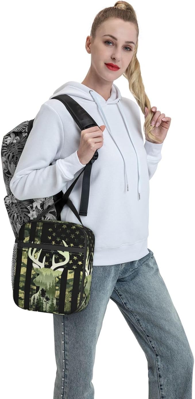 Camouflage Hunting Tactical Deer Camo Reusable Lunch Box Food Bag Insulated Lunch Bag for Teenage Boys Girls School Beach